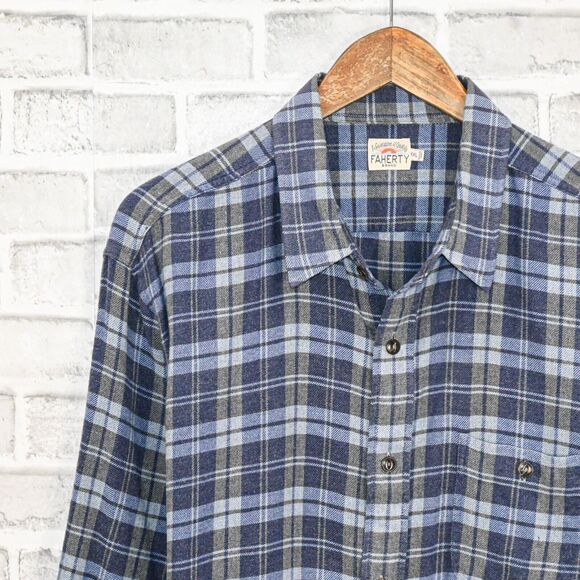 Faherty Brand Men's Button up Flannel Shirt Blue Grey Plaid cotton size 2XL - Picture 5 of 6